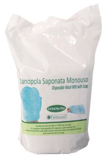 MANOPOLA MONOUSO PER LAVAGGI PARZIALI COMPOSTA DA UNA SPUGNA IN POLIESTERE SAPONATA E DA UN DRAPPO IN TESSUTO NON TESSUTO SENZA RISCIACQUO DETERGENTE A PH ISOCUTANEO - Farmacia Del Monaco