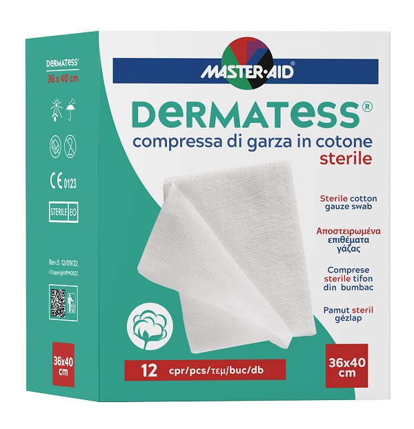 GARZA COMPRESSA MASTER-AID DERMATESS COTONE 36X40CM 12 PEZZI - Farmacia Del Monaco