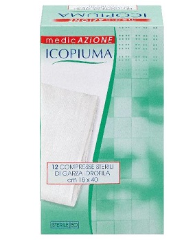 ICOPIUMA GARZA COMPRESSA IDROFILA IN COTONE PIEGATA STERILE SENZA FILO DI BARIO TITOLO 12/8 MISURA 18X40 CM IN BUSTA SINGOLA 12 PEZZI - Farmacia Del Monaco