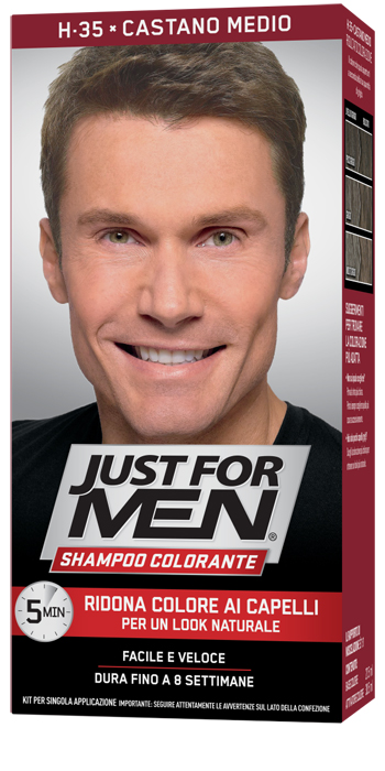 JUST FOR MEN SHAMPOO COLORANTE H35 CASTANO MEDIO ATTIVATORE CHIARO 38,5 ML + BASE COLORE 27,5 ML - Farmacia Del Monaco