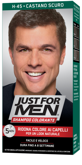 JUST FOR MEN SHAMPOO COLORANTE H45 CASTANO SCURO ATTIVATORE CHIARO 38,5 ML + BASE COLORE 27,5 ML - Farmacia Del Monaco