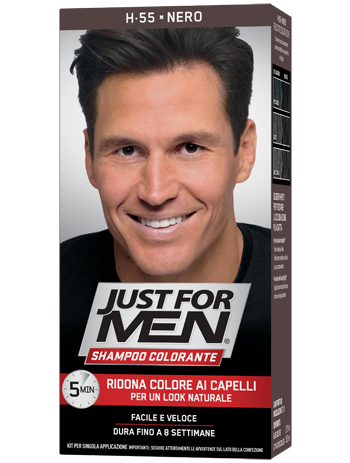JUST FOR MEN SHAMPOO COLORANTE H55 NERO ATTIVATORE CHIARO 38,5 ML + BASE COLORE 27,5 ML - Farmacia Del Monaco
