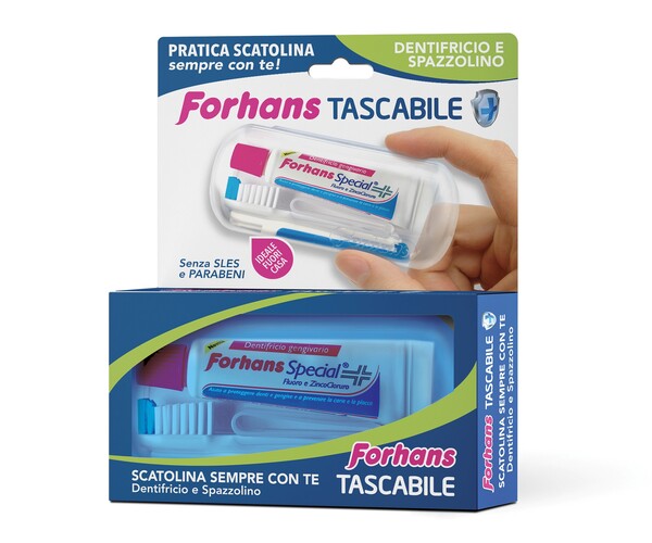 FORHANS TRAVEL KIT TASCABILE COMPOSTO DA SPAZZOLINO DA VIAGGIO + FORHANS SPECIAL PASTA DENTIFRICIA TUBETTO 12,5 ML - Farmacia Del Monaco