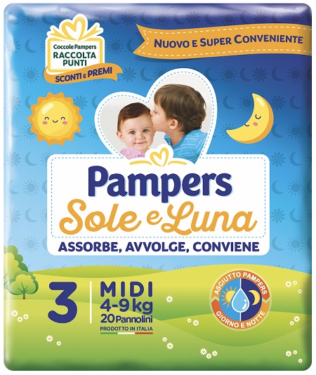 PANNOLINO PER BAMBINO PAMPERS SOLE & LUNA MIDI 20 PEZZI - Farmacia Del Monaco