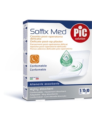 CEROTTO PIC SOFFIX MED IN TNT CON TAMPONE CENTRALE ASSORBENTE STERILE MONOUSO 10X10 CM ANTIBATTERICO 5 PEZZI - Farmacia Del Monaco
