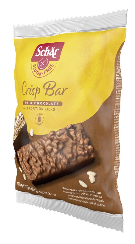SCHAR CRISP BAR WAFERS CON NOCCIOLE RICOPERTI DI RISO SOFFIATO E CIOCCOLATO AL LATTE 3 PORZIONI DA 35 G - Farmacia Del Monaco