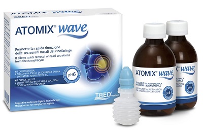 ATOMIX WAVE DISPOSITIVO PER IGIENE RINOFARINGEA ATOMIX SOLUZIONE SALINA 250 ML 2 PEZZI + TERMINALE NASALE + EROGATORE A SOFFIETTO - Farmacia Del Monaco