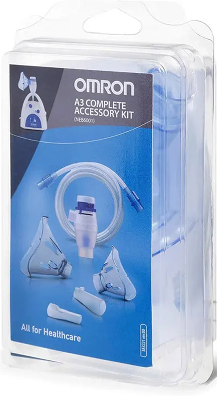 OMRON A3 COMPLETE KIT RICAMBIO AMPOLLA REGOLABILE + TUBO + MASCHERINA PEDIATRICA + MASCHERINA ADULTI + FORCELLE NASALI + BOCCAGLIO - Farmacia Del Monaco