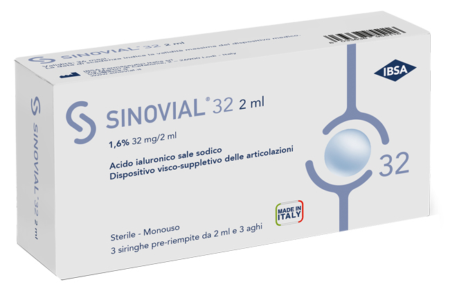 SIRINGA INTRA-ARTICOLARE SINOVIAL 32 ACIDO IALURONICO SALE SODICO 1,6% 32MG/2ML 3 SIRINGHE X 2ML + 3 AGHI - Farmacia Del Monaco