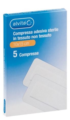 ALVITA GARZA COMPRESSA ADESIVA STERILE IN TESSUTO NON TESSUTO ESTENSIBILE BIANCO 10X15CM 5 PEZZI - Farmacia Del Monaco