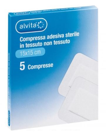 ALVITA GARZA COMPRESSA ADESIVA STERILE IN TESSUTO NON TESSUTO ESTENSIBILE BIANCO 15X15CM 5 PEZZI - Farmacia Del Monaco