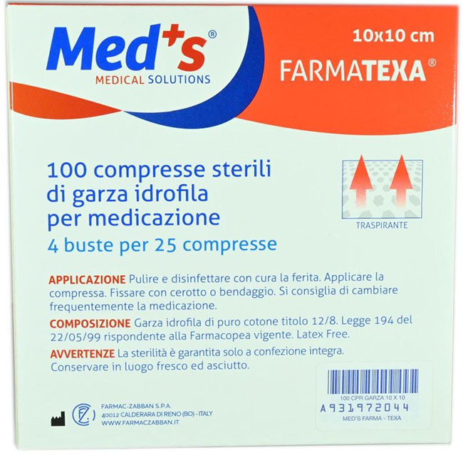 GARZA COMPRESSA IDROFILA MEDS FARMATEXA 2/8 10X10CM 100 PEZZI - Farmacia Del Monaco