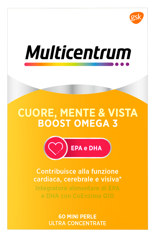 MULTICENTRUM CUORE MENTE E VISTA BOOST OMEGA 3 60 MINI PERLE - Farmacia Del Monaco
