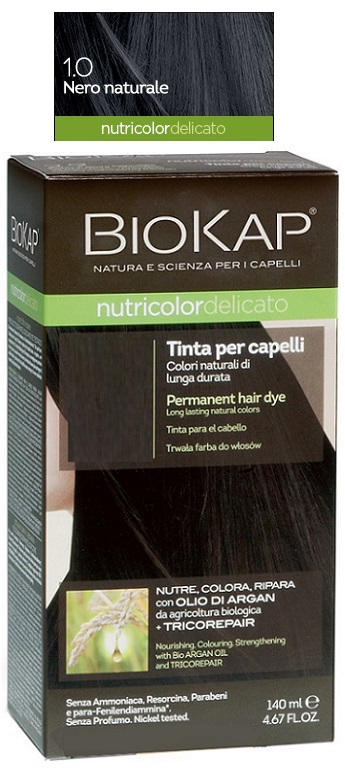 BIOKAP NUTRICOLOR DELICATO 1,0 NERO NATURALE TINTA TUBO + FLACONE - Farmacia Del Monaco