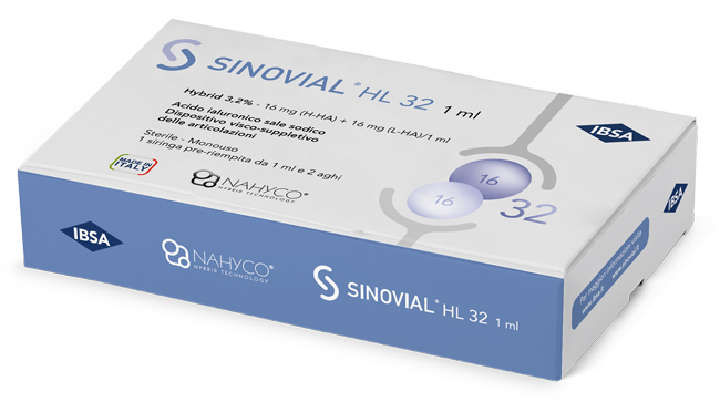 SIRINGA INTRA-ARTICOLARE SINOVIAL HL 32 ACIDO IALURONICO SALE SODICO 16MG H-HA + 16MG H-LA/1ML + AGO 22 GAUGE + AGO 29 GAUGE - Farmacia Del Monaco