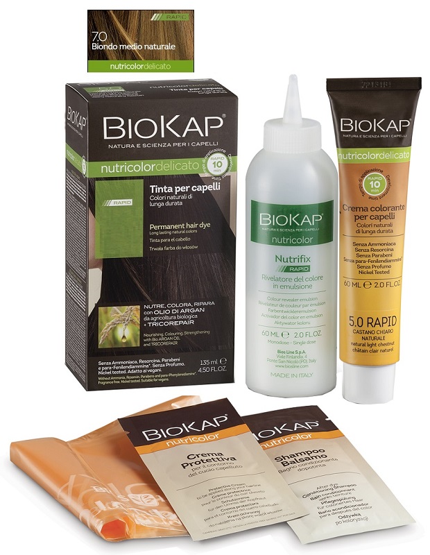 BIOS LINE  BIOKAP NUTRICOLOR DELICATO RAPID TINTA 7,0 BIONDO MEDIO NATURALE 135 ML - Farmacia Del Monaco