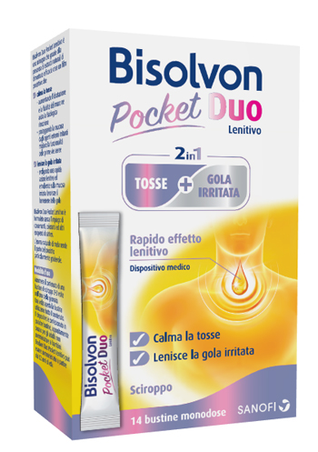 BISOLVON DUO POCKET LENITIVO TOSSE + GOLA IRRITATA A BASE DI MIELE E ALTEA 14 BUSTINE MONODOSE 10 ML - Farmacia Del Monaco