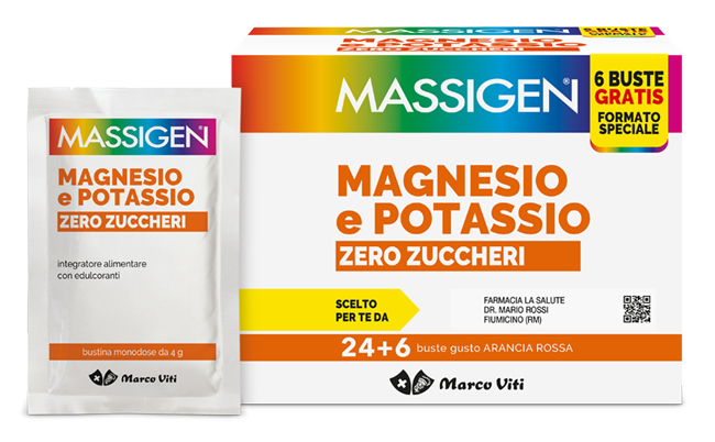 MASSIGEN MAGNESIO POTASSIO ZERO ZUCCHERO 24 BUSTINE + 6 BUSTINE - Farmacia Del Monaco