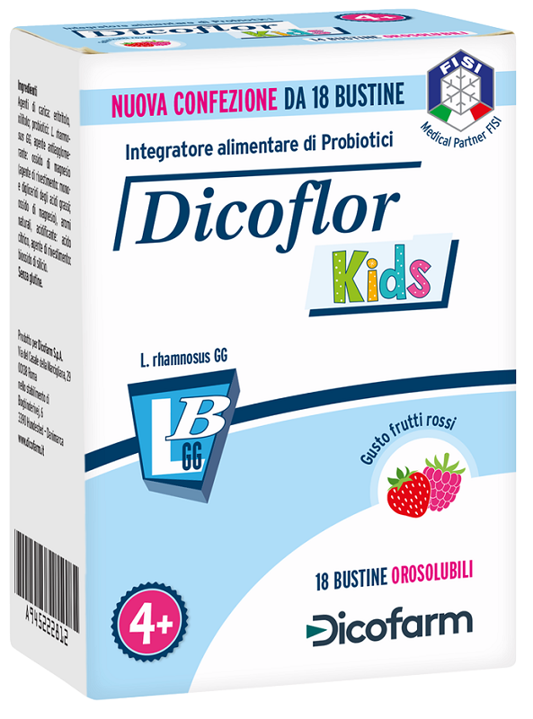DICOFLOR KIDS 18 BUSTINE OROSOLUBILI GUSTO FRUTTI ROSSI - Farmacia Del Monaco