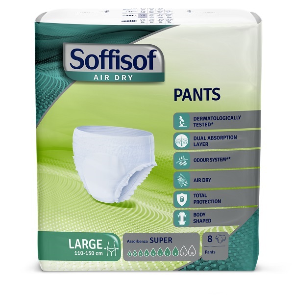 PANNOLONE SOFFISOF AIR DRY PANTS LARGE 110-150CM ASSORBENZA SUPER 8 PEZZI - Farmacia Del Monaco
