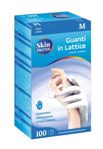 GUANTO NON CHIRURGICO MONOUSO IN LATTICE CON AMIDO DI MAIS SKIN PROTEK AMBIDESTRO POLSINO SALVASTRAPPO MISURA MEDIUM - Farmacia Del Monaco