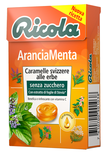 RICOLA ARANCIA MENTA SENZA ZUCCHERO 50 G - Farmacia Del Monaco
