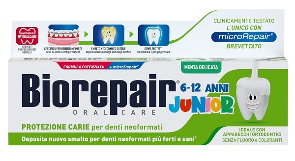 BIOREPAIR ORAL CARE JUNIOR 6-12 ANNI DENTIFRICIO PROTEZIONE ANTI CARIE SMALTO NEOFORMATO ALLA MENTA DELICATA 75 ML - Farmacia Del Monaco