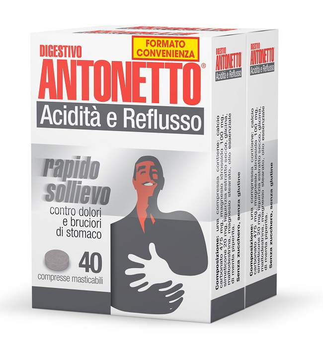 DIGESTIVO ANTONETTO ACIDITA' E REFLUSSO 80 COMPRESSE MASTICABILI 2 ASTUCCI DA 40 COMPRESSE - Farmacia Del Monaco