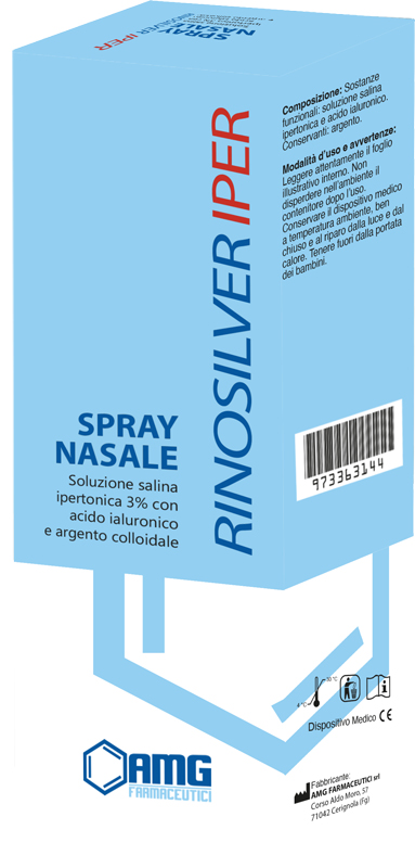 RINOSILVER SOLUZIONE SALINA IPERTONICA 3% CON ACIDO IALURONICO E ARGENTO COLLOIDALE SPRAY NASALE 20 ML - Farmacia Del Monaco