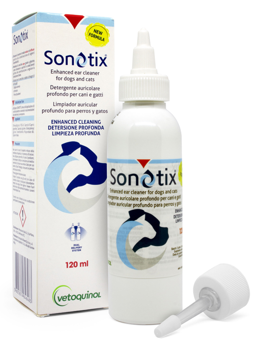 SONOTIX DETERGENTE AURICOLARE PROFONDO CANI E GATTI 120 ML + CANNULA CORTA RIGIDA + CANNULA LUNGA FLESSIBILE - Farmacia Del Monaco