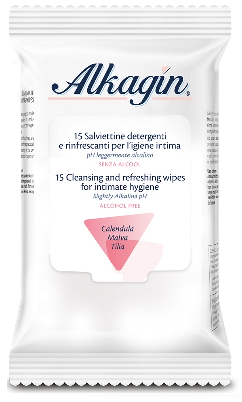 ALKAGIN SALVIETTINE DETERGENTI E RINFRESCANTI PER L'IGIENE INTIMA PH LEGGERMENTE ALCALINO SENZA ALCOOL 15 PEZZI CALENDULA MALVA E TILIA - Farmacia Del Monaco