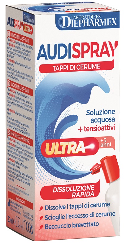AUDISPRAY ULTRA +3 ANNI SOLUZIONE ACQUOSA + TENSIOATTIVI SPRAY TAPPI DI CERUME 20 ML - Farmacia Del Monaco