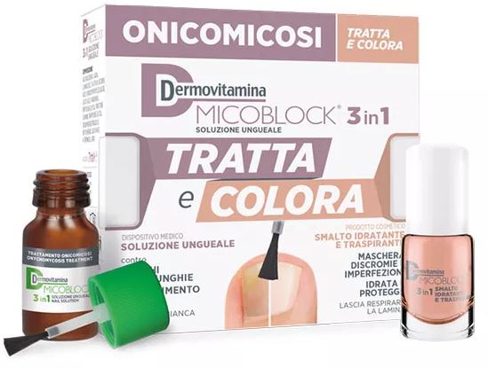 DERMOVITAMINA MICOBLOCK 3 IN 1 TRATTA E COLORA SOLUZIONE UNGUEALE 7 ML + SMALTO IDRATANTE TRASPIRANTE 5 ML - Farmacia Del Monaco