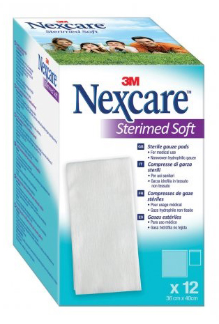 GARZA COMPRESSA STERILE NEXCARE STERIMED SOFT 18X40 CM MUL TILINGUAL 12 PEZZI - Farmacia Del Monaco