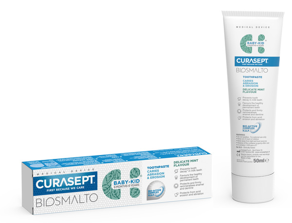 CURASEPT BIOSMALTO DENTIFRICIO BABY KID MENTA CARIE ABRASIONE & EROSIONE 50 ML - Farmacia Del Monaco
