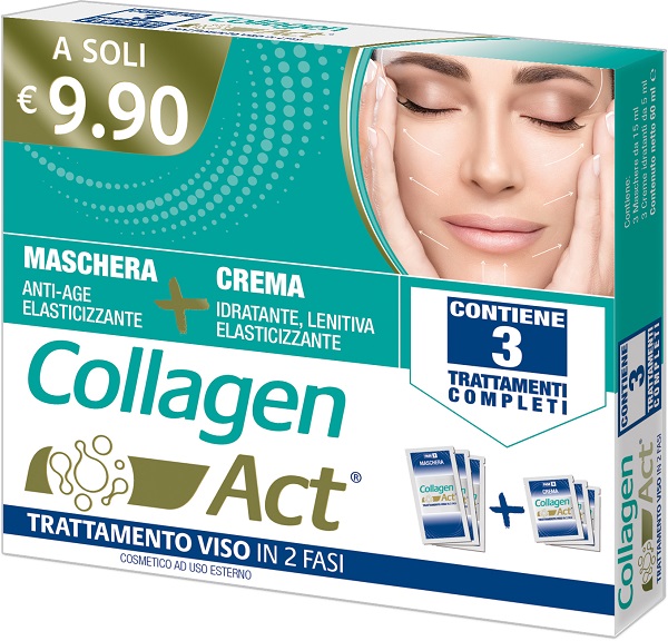 COLLAGEN ACT TRATTAMENTO VISO 2 FASI MASCHERA ANTI AGE ELASTICIZZANTE 3 PEZZI DA 15 ML + CREMA IDRATANTE LENITIVA ELASTICIZZANTE 3 PEZZI DA 5 ML - Farmacia Del Monaco