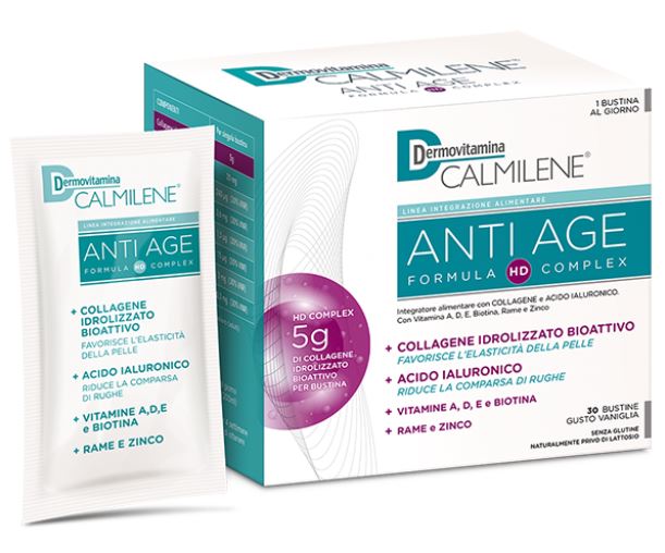 DERMOVITAMINA CALMILENE ANTIAGE IA A BASE DI COLLAGENE E ACIDO IALURONICO POLVERE 30 BUSTINE GUSTO VANIGLIA - Farmacia Del Monaco