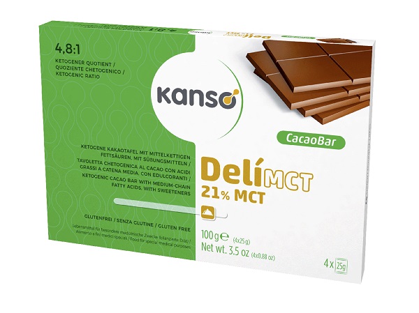 KANSO DELIMCT CACAO BAR 21% TAVOLETTA CHETOGENICA AL CACAO CON ACIDI GRASSI A CATENA MEDIA 4 MONOPORZIONI DA 25 G - Farmacia Del Monaco