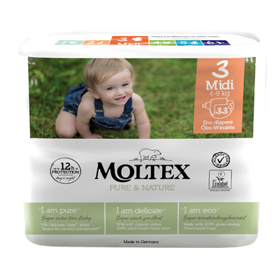 PANNOLINI MOLTEX PURE & NATURE MIDI 4-9 KG TAGLIA 3 33 PEZZI - Farmacia Del Monaco