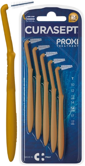 SCOVOLINO CURASEPT PROXI ANGLE MISURA T14 CONICO ISO 4 COLORE OCRA DIAMETRO 1,4 MM 5 PEZZI - Farmacia Del Monaco