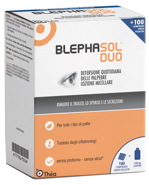 BLEPHASOL DUO SOLUZIONE MICELLARE IGIENE PALPEBRALE 100 ML + 100 GARZE - Farmacia Del Monaco
