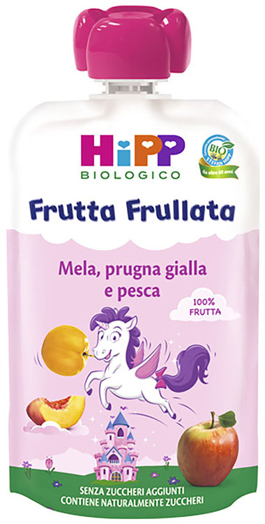 HIPP BIO FRUTTA FRULLATA UNICORNO MELA PRUGNA GIALLA PESCA 90 G - Farmacia Del Monaco