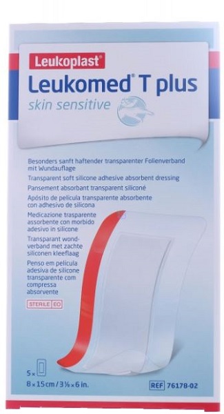 LEUKOMED T PLUS SKIN SENSITIVE MEDICAZIONE POST-OPERATORIA TRASPARENTE IMPERMEABILE CON MASSA ADESIVA AL SILICONE 8X15CM 5 PEZZI - Farmacia Del Monaco