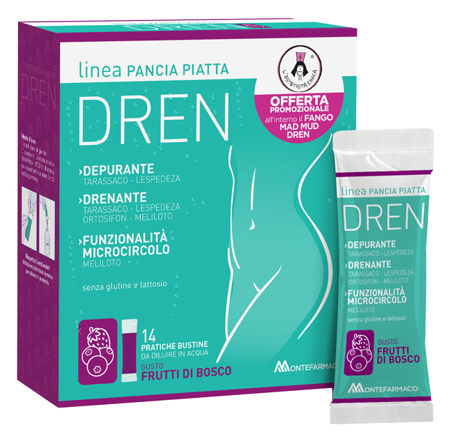 PANCIA PIATTA DREN FRUTTI DI BOSCO 14 BUSTINE STICK PACK + FANGO ATTIVO CELLULITE 100 ML OMAGGIO - Farmacia Del Monaco