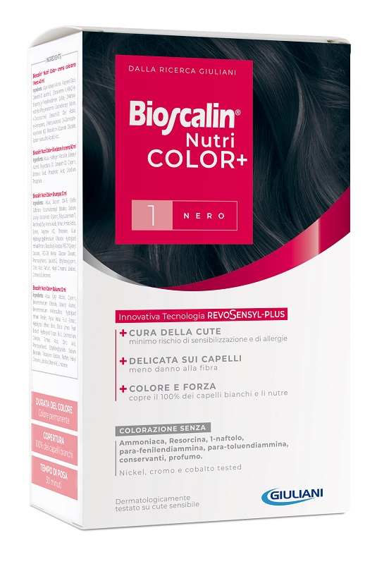 BIOSCALIN NUTRICOLOR PLUS 1 NERO CREMA COLORANTE 40 ML + RIVELATORE CREMA 60 ML + SHAMPOO 12 ML + TRATTAMENTO FINALE BALSAMO 12 ML - Farmacia Del Monaco