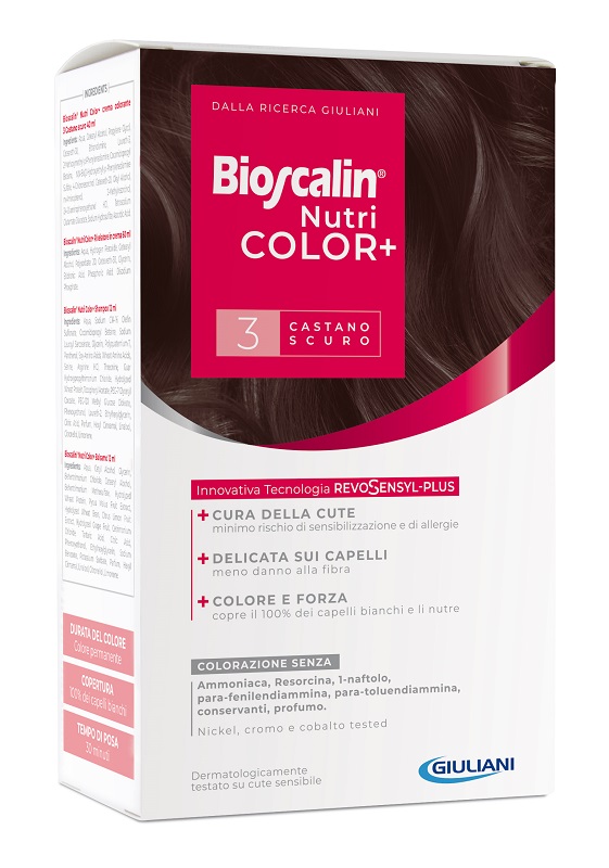 BIOSCALIN NUTRICOLOR PLUS 3 CASTANO SCURO CREMA COLORANTE 40 ML + RIVELATORE CREMA 60 ML + SHAMPOO 12 ML + TRATTAMENTO FINALE BALSAMO 12 ML - Farmacia Del Monaco