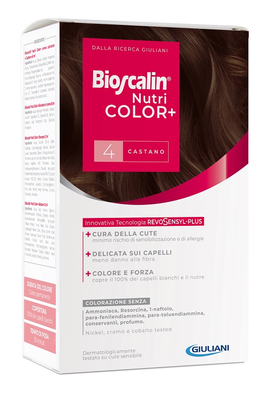 BIOSCALIN NUTRICOLOR PLUS 4 CASTANO CREMA COLORANTE 40 ML + RIVELATORE CREMA 60 ML + SHAMPOO 12 ML + TRATTAMENTO FINALE BALSAMO 12 ML - Farmacia Del Monaco