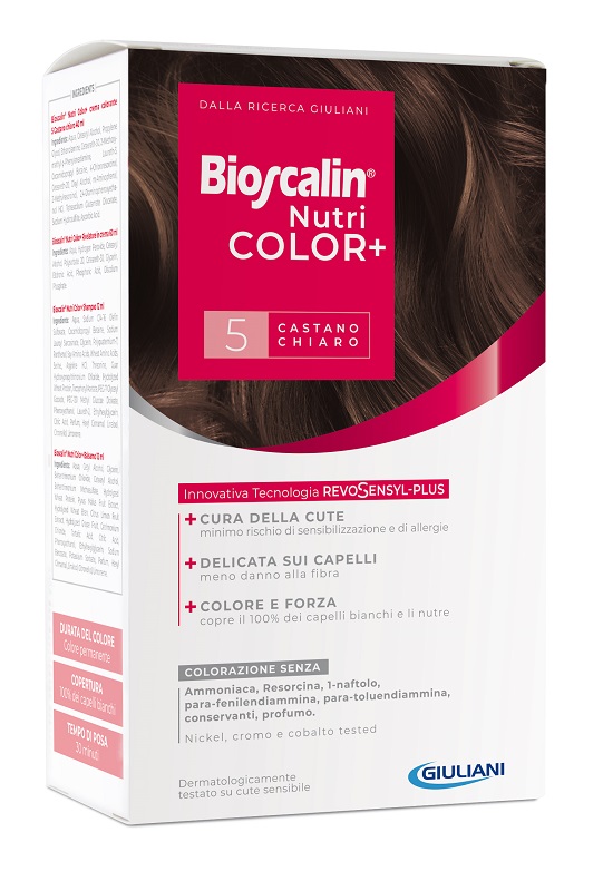 BIOSCALIN NUTRICOLOR PLUS 5 CASTANO CHIARO CREMA COLORANTE 40 ML + RIVELATORE CREMA 60 ML + SHAMPOO 12 ML + TRATTAMENTO FINALE BALSAMO 12 ML - Farmacia Del Monaco