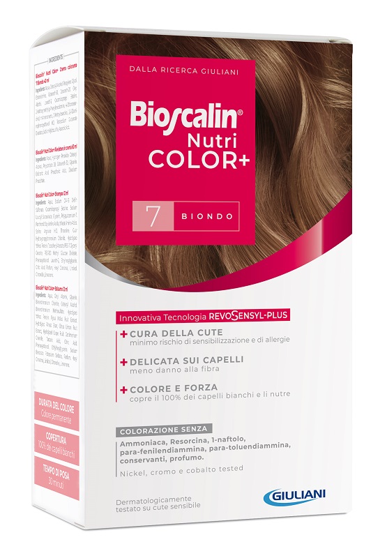 BIOSCALIN NUTRICOLOR PLUS 7 BIONDO CREMA COLORANTE 40 ML + RIVELATORE CREMA 60 ML + SHAMPOO 12 ML + TRATTAMENTO FINALE BALSAMO 12 ML - Farmacia Del Monaco
