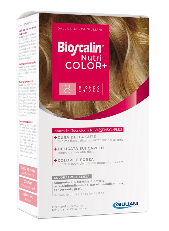 BIOSCALIN NUTRICOLOR PLUS 8 BIONDO CHIARO CREMA COLORANTE 40 ML + RIVELATORE CREMA 60 ML + SHAMPOO 12 ML + TRATTAMENTO FINALE BALSAMO 12 ML - Farmacia Del Monaco